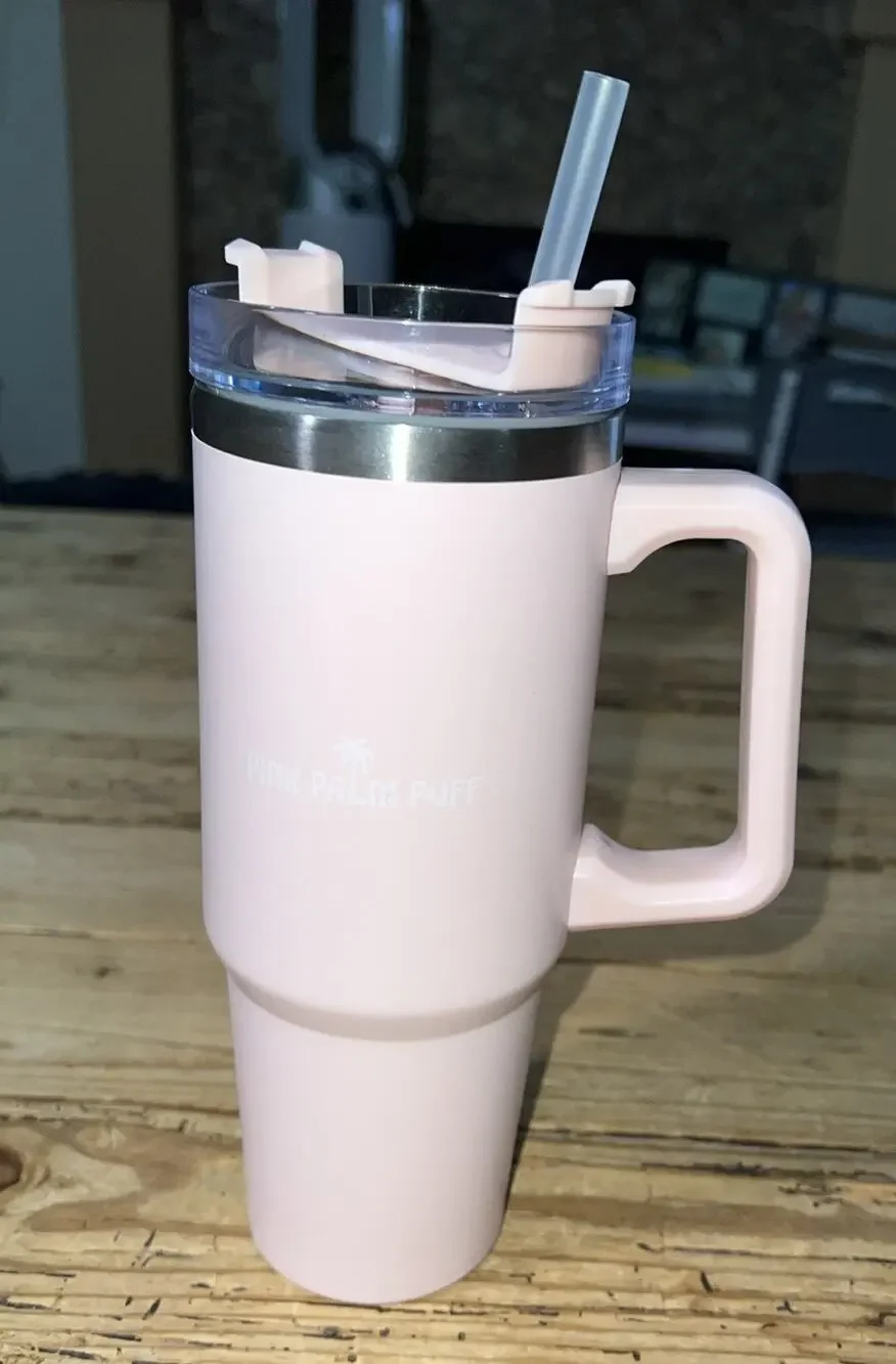 Pink Palm Puff Vacuum Inlsated 14oz Tumbler Cup W/Handle
